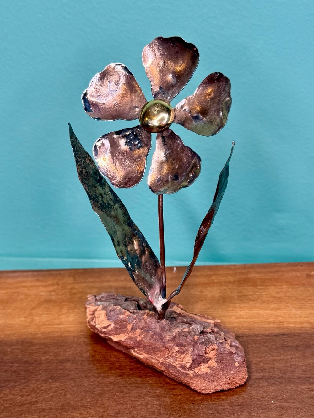 Brutalist Enamel Copper Flower Daisy Wood Burl Base Vintage Metal Sculpture Art